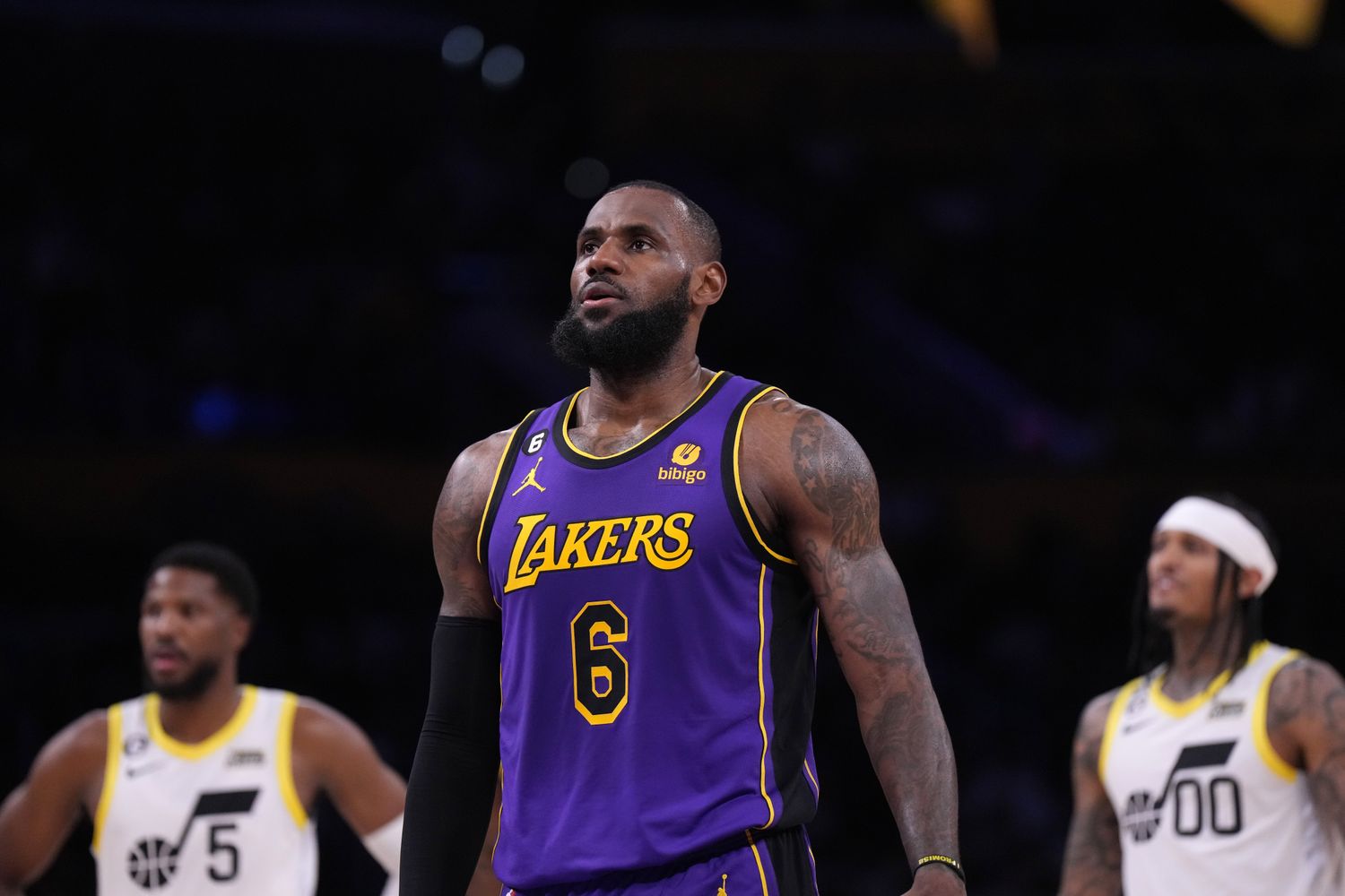 LeBron James looks on during a game.